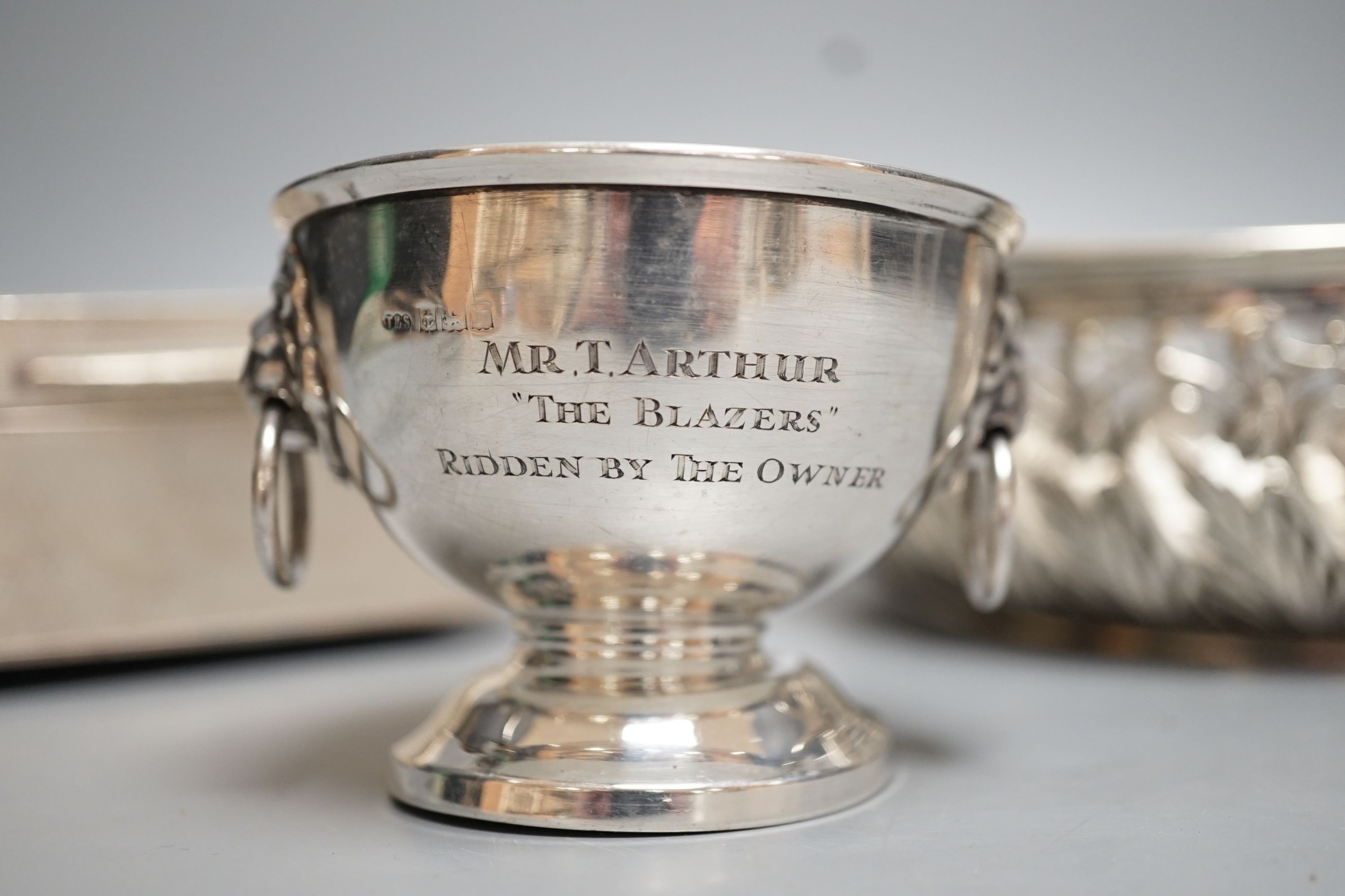 A Swedish white metal mounted glass circular bowel, diameter 18.1cm, a silver mounted cigarette box and a small silver presentation bowl.